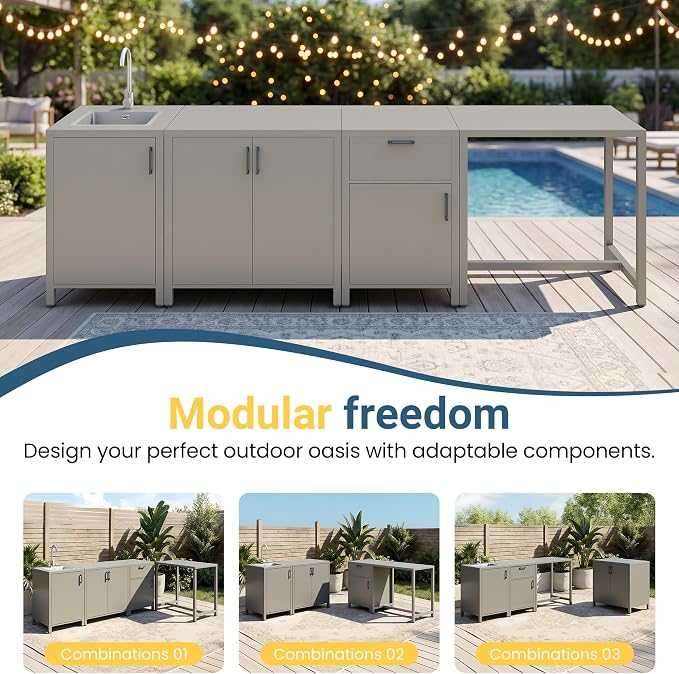 Wisteria Lane Outdoor Storage Cabinet with Stainless Steel Sink, Aluminum Modular Outdoor Kitchen, All Weather Kitchen Island with Sink Station for Patio, BBQ, Backyard