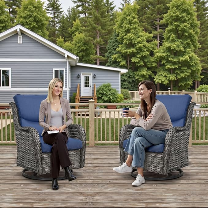 Outdoor Swivel Rocker Patio Chairs Set of 4-5" Thick Cushion 4 Piece Furniture Set All Weather Comfortable Wicker Conversation Set for Porch Poolside and Deck - Gray/Blue