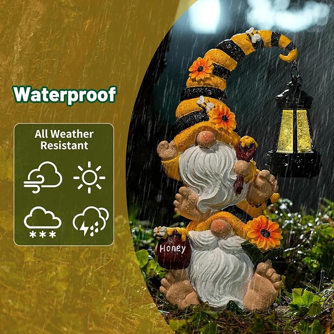 Solar Bee Garden Gnomes with LED Lantern, 12.2-Inch Outdoor Statue | Weather-resistant resin decor for yard, patio, lawn, porch, balcony; gift for women, moms, grandmas, bee and gnome lovers