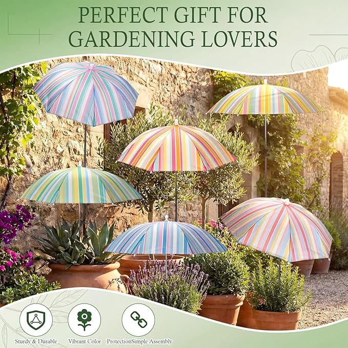 Hillban 6 Pack Plant Shade Umbrellas for Outdoor Plants 23.6" Large Garden Umbrella Shade for Potted Flower with Adjustable 40" H Sunshade Cover for Patio Garden Bed Flowers(Striped Pattern)