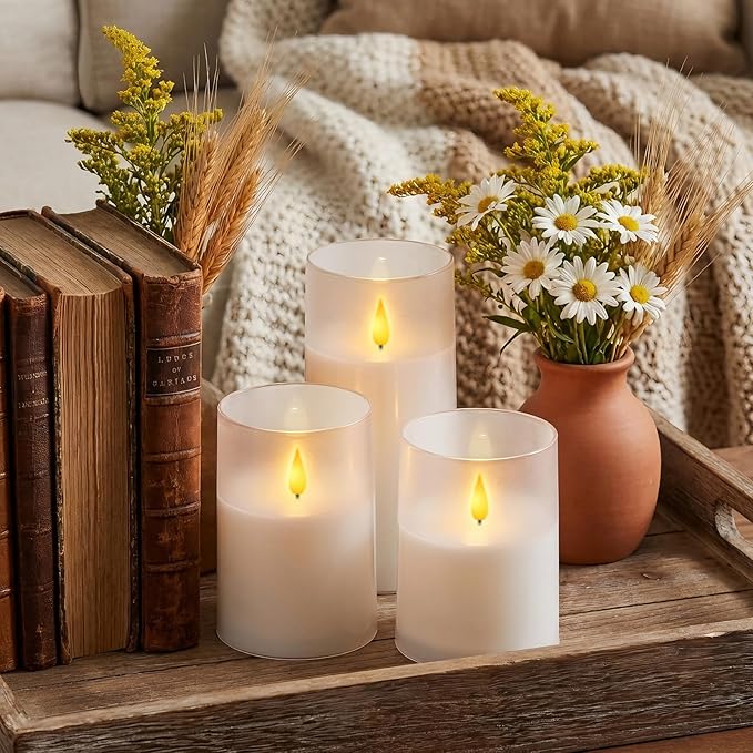Homemory 3"×4" 5" 6" Battery Candles with Remote & Timer, White Acrylic Realistic Flickering LED Pillar Candles, Waterproof Fake Candle for Home and Lantern Decor, Set of 3