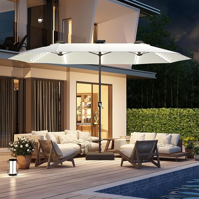 AECOJOY 15ft Double-Sided Patio Umbrella with Solar Lights, Outdoor Rectangle Market Large Patio Umbrella with Base Include|Crank Handle|156 PCS LED Lights for Garden Deck Pool in Beige(1.9" Pole)