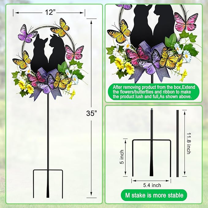 Cat Solar Lights Outdoor Garden,Colorful LED Light with Black Cat Decorations and Butterfly Flowers Yard Stakes for Pathway,Lawn,Patio,Gifts for Women