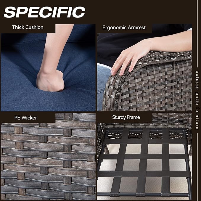 5 Pieces Outdoor Wicker Chair Set - Wicker Patio Furniture Set with 2 Chairs, 2 Ottomans and 1 Side Table for Backyard, Porch, Balcony(Mixed Grey/Blue)