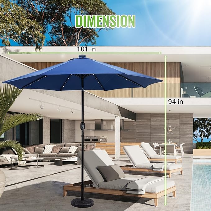 Backyard Expressions 9FT Solar Patio Umbrella with 32 LED Lights, UPF50+ UV Protection, Fade-Resistant Fabric, Easy Tilt & Crank, Outdoor Umbrella for Patio, Deck & Pool (Base Not Included)