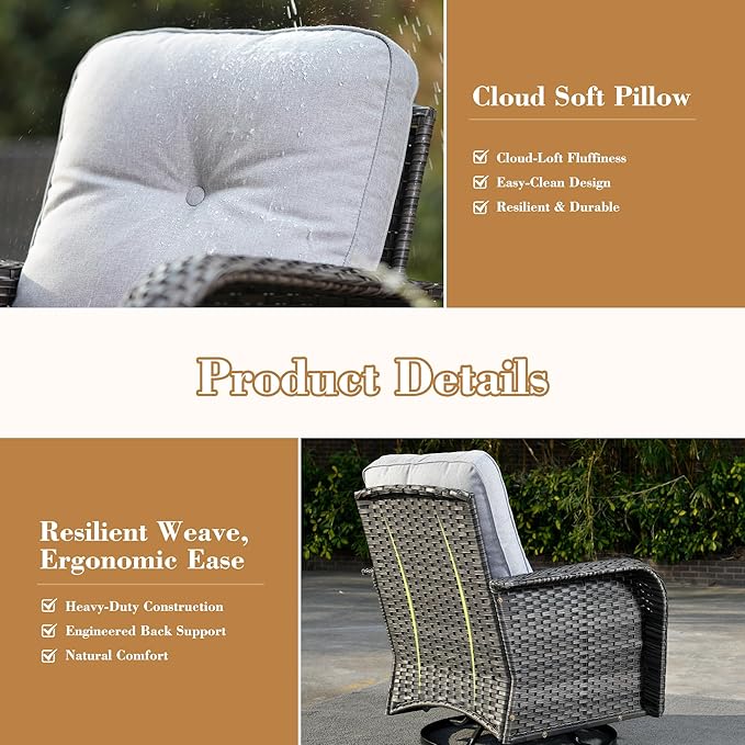 7 Pieces Patio Conversation Sets,Patio Furniture Set with Swivel Rocking Chairs,Coffee Table, Side Table, All Weather Rattan Wicker Outdoor Sectional Furniture Set for Porch Balcony Backyard Gray