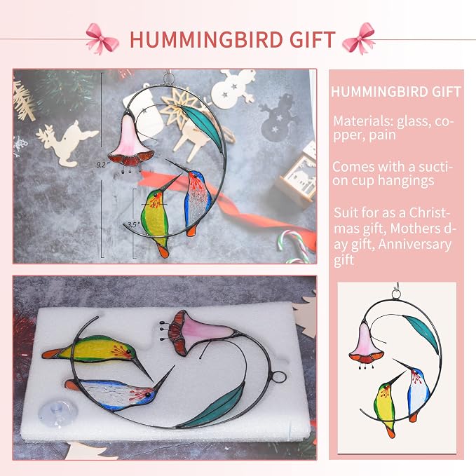 Lolitarcrafts Hummingbird with Flower Stained Glass Suncatcher Bird Stained Glass Window Hangings Hummingbird Gift for Home Decor (Green and Blue)