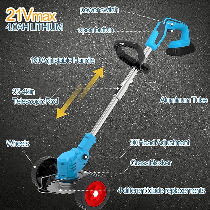 Electric Weed Wacker, 21V Cordless Weed Eater Battery Powered, No String Trimmer with Wheels & Metal Blades, Lightweight Grass Trimmer/Brush Cutter/Lawn Edger, Stringless Weed Trimmer for Yard Garden