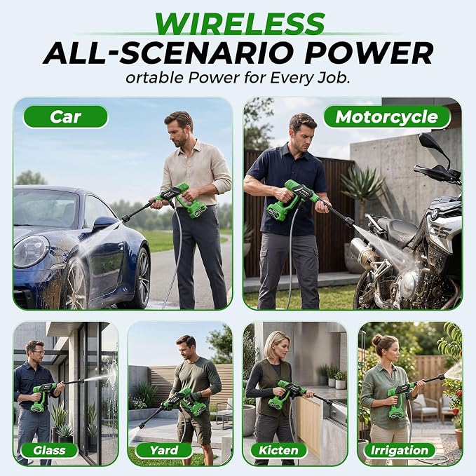 Cordless Portable Cleaning Tool with 2×4000mAh Batteries & Power Display, 6-in-1 Nozzle & 16.4FT Hose – Lightweight Handheld Power Cleaner for Car, Driveway, Garden, Patio, Fence