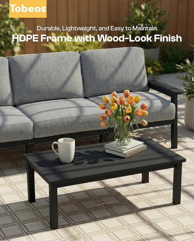 HDPE 5 Piece Patio Furniture Set, Outdoor Couch with Washable Thick Gray Cushions & Coffee Table, Outdoor Sectional Furniture for Backyard, Deck, Lawn, Porch (Black Frame)