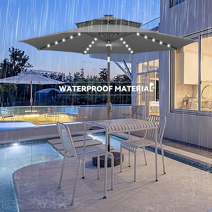 Jarka&Co 9ft Solar Patio Umbrella - 2 Tiers Solar Outdoor Umbrella with 40 LED Lights Waterprool UV Protection, Market Table Umbrella with Tilt for Backyard, Garden, Pool, Porch (Anthracite)