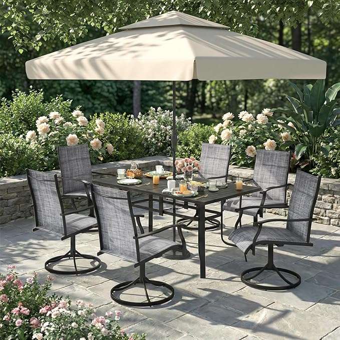 7 Pieces Patio Table and Chairs Set, 63" Metal Dining Table with Umbrella Hole, 6 High Back Textilene Swivel Chairs, Dining Table Set for 6, Outdoor Furniture for Porch Deck Yard Balcony, Grey