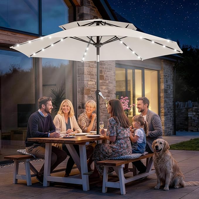 AreShark 9ft 2 Tiers Patio Umbrella with Solar Lights, Outdoor Umbrella w/ 32 LED Lights&8 Sturdy Ribs, Table Umbrella for Deck, Backyard, Pool(Ivory)