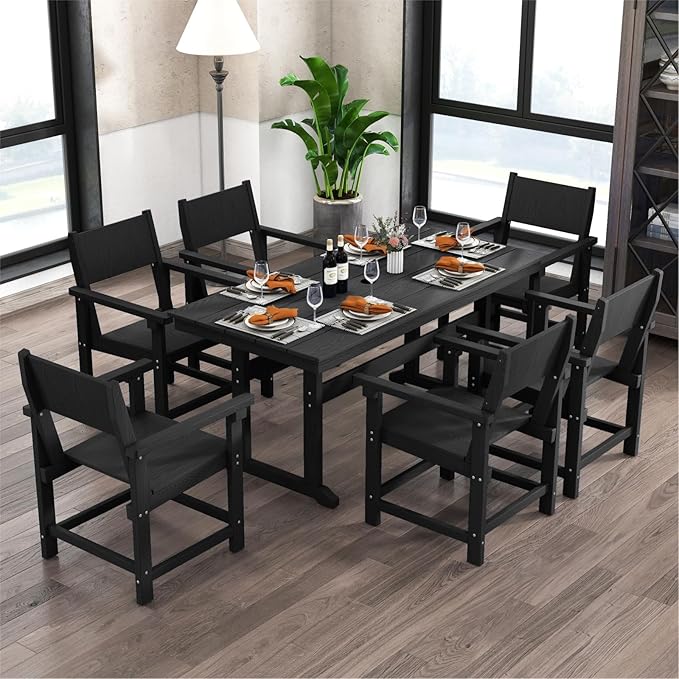 7-Piece HDPE Outdoor Patio Dining Set,Outdoor Table and Chairs,Modern Plastic Dining Sets with Umbrella Hole Cut-Out Table and 6 Chairs Black