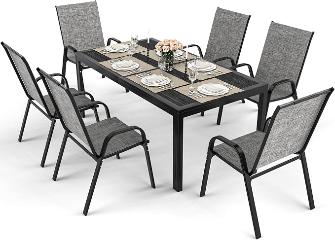 7-Piece Outdoor Dining Set, All Weather Patio Table and Chairs Set with Umbrella Hole for 6, Rectangular Steel Slat Table and 6 Textilene Chairs for Garden, Backyard, Poolside and Deck, Grey