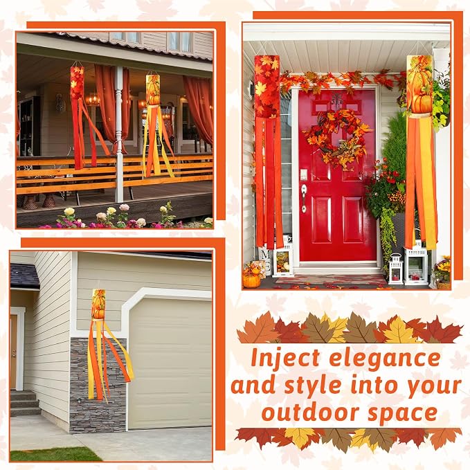 NOVWANG 2 Pieces 40 Inch Fall Windsocks,Pumpkin Maple Leaf Wind Socks for Outside Decor Hanging Flag for Home Garden Yard Wall Balcony Decoration