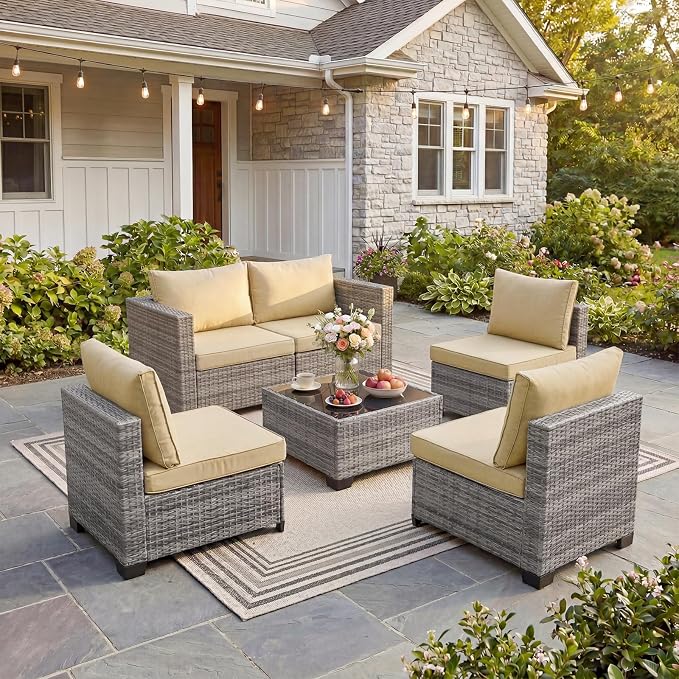 ANJ 7 Piece Outdoor Wicker Patio Furniture Set, Modular Loveseat Sofa with with Glass Top Coffee Table, All-Weather Rattan Conversation Couch Set for Balcony, Backyard, Light Grey Wicker-Camel