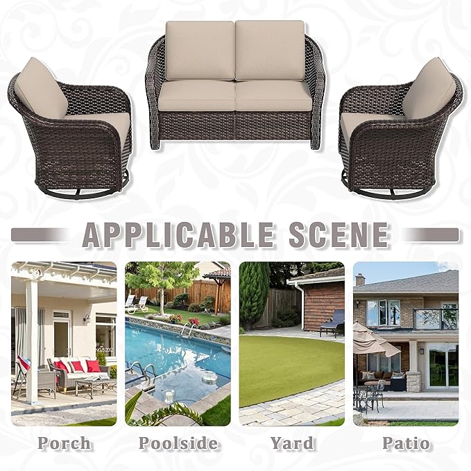 3 Piece Patio Wicker Conversation Set, All-Weather Use Outdoor Wicker Loveseat with 2 PE Rattan 360 Swivel Chair, Ideal for Porch, Backyard, Balcony, Poolside, Beige