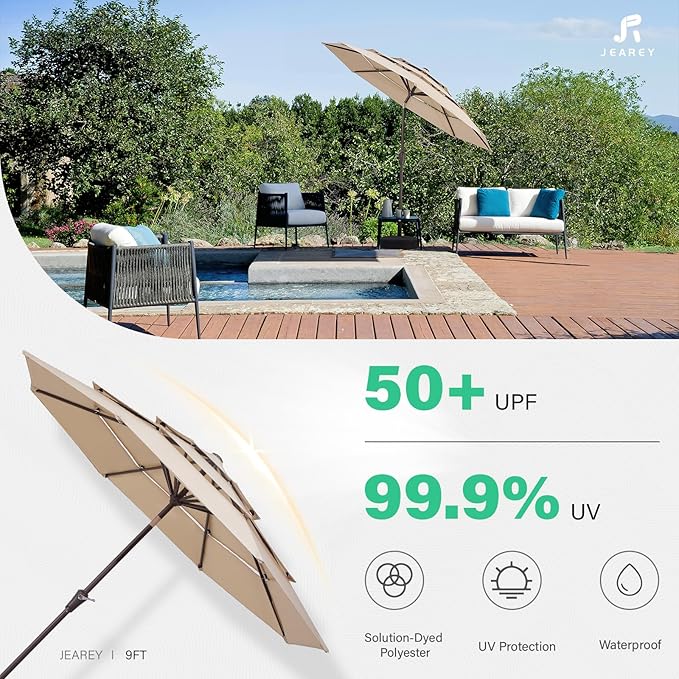 JEAREY 9FT 3 Tier Patio Umbrella Outdoor Market Umbrella Table Umbrellas with 8 Ribs 1.5 Pole Push Button Tilt and Crank UV Protection for Garden,Beige