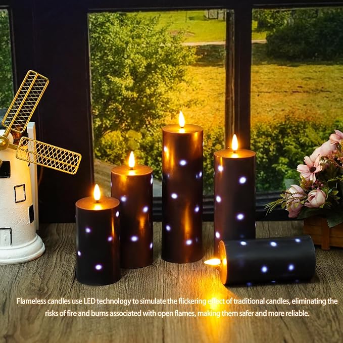 Nimiko Flickering Flameless Candles with Remote Control and Timer Set of 5 Pc Real Wax LED Pillar Candles, Battery Operated Candles(D2.2×H5/5.5"/6"/7"/8") Halloween Decorations Home Decor (Black)