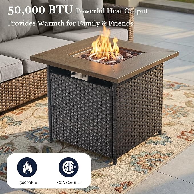 Wicker Patio Furniture Set- 4 Pieces Outdoor Swivel Rocker Chairs with 50,000 BTU Fire Pit Table,PE Rattan Outdoor Conversation Set for Garden Porch Deck