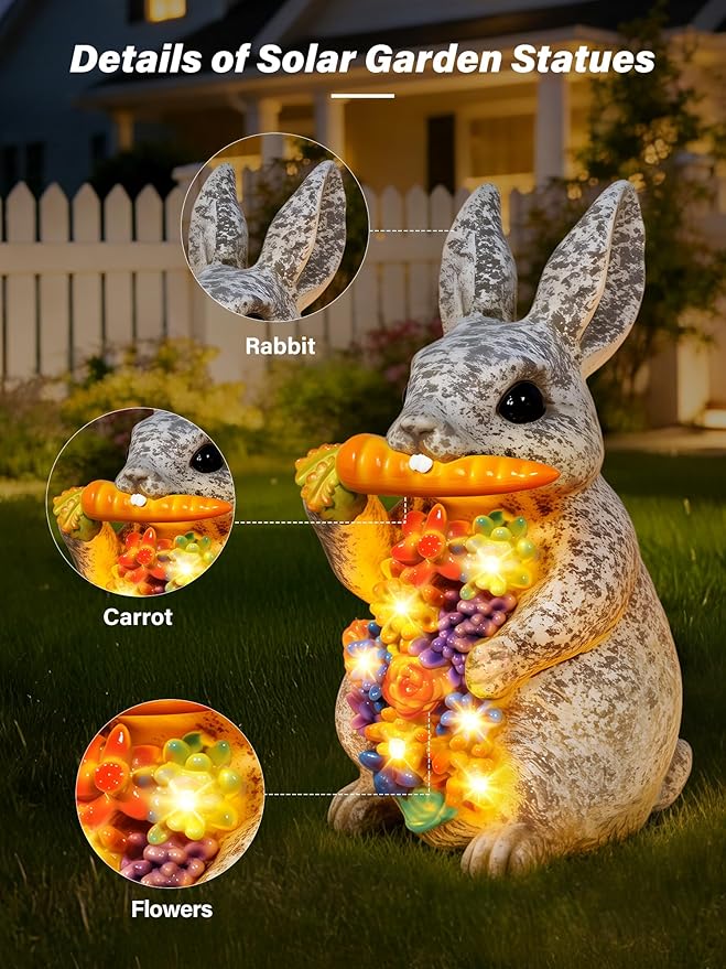 Guhope Solar Garden Statues, Outdoor Solar Bunny Easter Decor with Succulent and 6 LED Lights, Outside Yard Figurine Decor for Garden, Lawn, Patio, Balcony, Porch, Unique Gifts for Mom Grandma