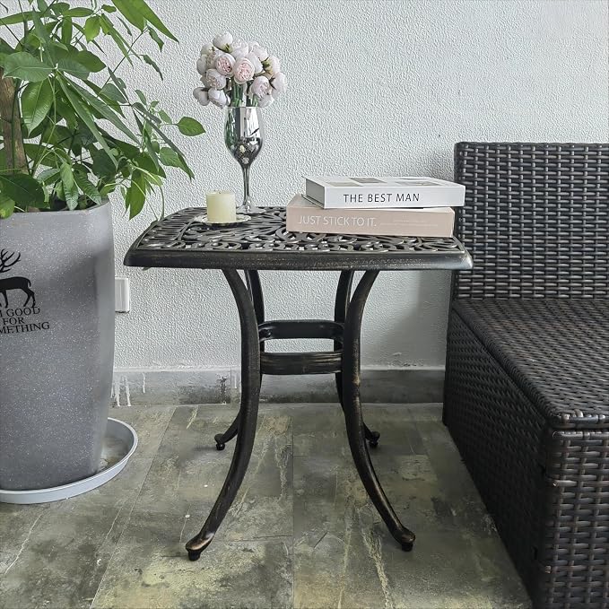 Outdoor Cast Aluminum Side Table End Table for Patio, Backyard, Pool, Indoor Companion, Easy Maintenance and Weather Resistant, Bronze