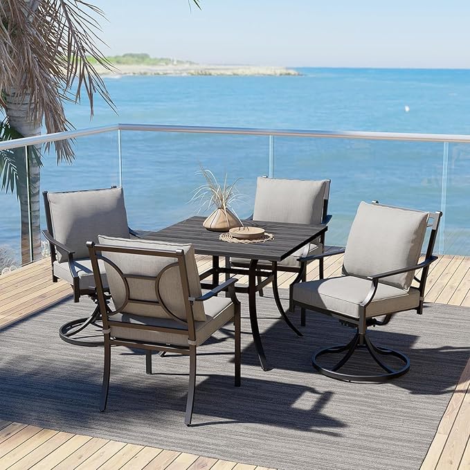 Grand patio Outdoor Patio Dining Set 5-Piece E-Coated Outdoor Furniture Set with 2 Swivel Dining Chairs & 2 Fixed Dining Chairs and 1 Square Dining Table with Umbrella Hole, Grey
