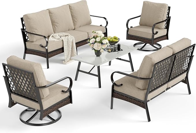 SUNSHINE VALLEY 5 Piece Metal Outdoor Patio Furniture Set, Patio Conversation Sets 3-Seater Sofa, 2-Seater Sofa, 2 Swivel Chair with 5.75" Thick Cushion & Coffee Table Black Backyard Furniture, Beige