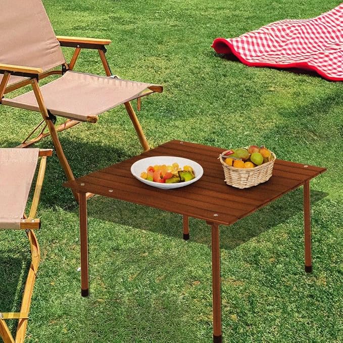 Formosa Covers Portable Wood Roll Up Table for Picnics 2025 Update Stronger Staples, Low Beach Table for Camping, Travel, Tailgate, Outdoor w/Carrying Bag 26" Lx26 Wx16 H (Espresso)