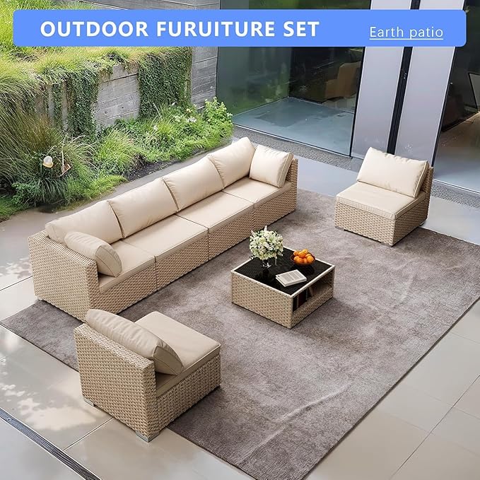 7-Piece Wicker Patio Furniture Set, Outdoor Conversation Set Sectional Sofa with Water Resistant Thick Cushions and Coffee Table, Beige
