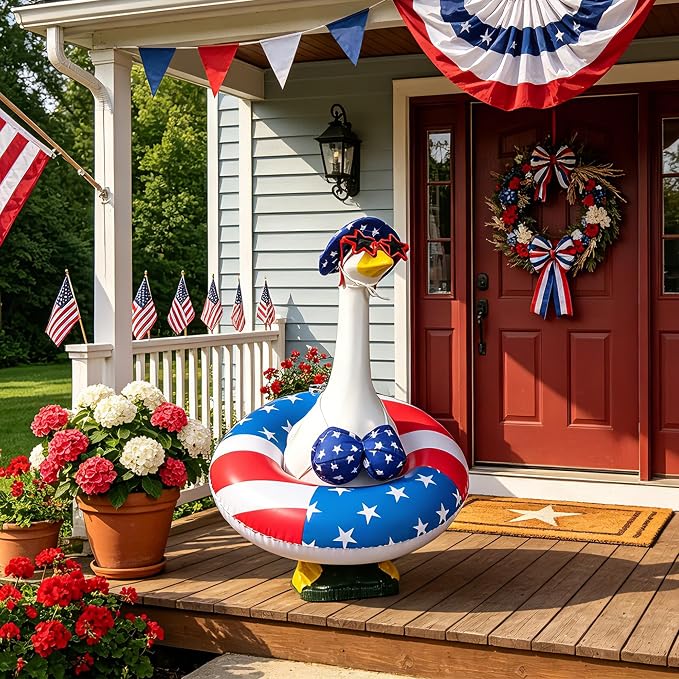 Bikini Porch Goose Outfits Fits 23" Goose Statue Summer Porch Goose Outfit | Independence Day Goose Costume, Hat & Sunglasses Included, Star-Spangled Swim Ring, US 250th Anniversary Garden Decor