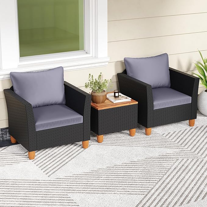 COSTWAY 3 Pieces Patio Rattan Furniture Set, Outdoor Wicker Conversation Chairs Set with Acacia Wood Coffee Table & Washable Cushion, Porch Furniture Bistro Set for Balcony, Garden, Backyard, Grey