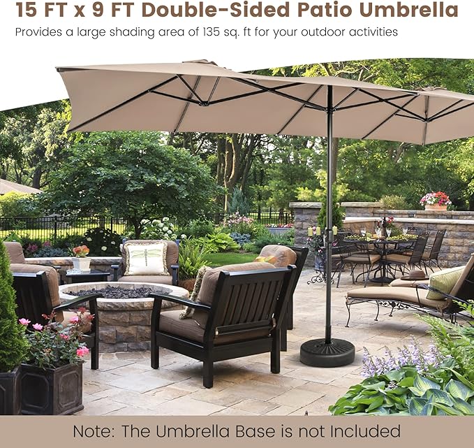 Tangkula 15 FT Double-Sided Patio Umbrella with Crank Handle, Vented Tops, Large Outdoor Rectangle Market Twin Umbrella with 10-Rib Metal Structure, Table Umbrella for Poolside Deck Lawn Garden