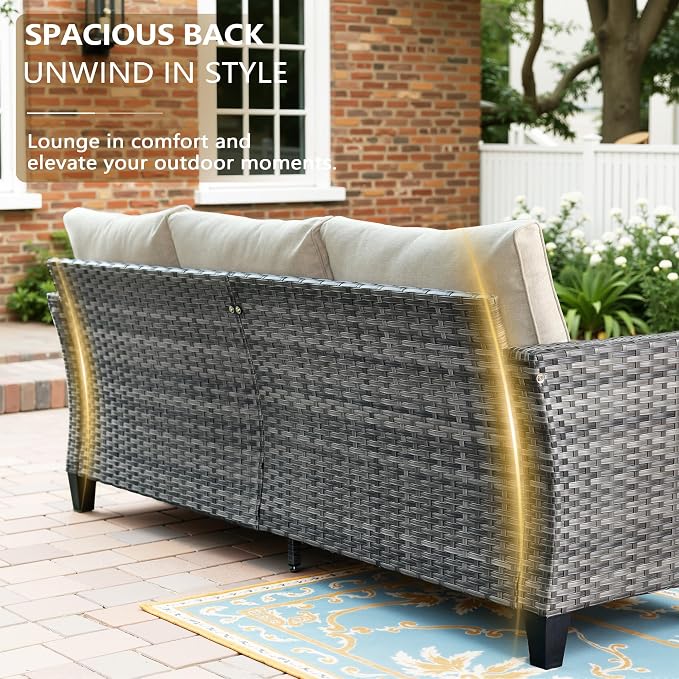CAODOC 8-Piece Outdoor Wicker Patio Set with 9 Seats, Including 53" Fire Pit - Sectional Sofa and Conversation Set for Backyard or Lawn, Gray Rattan with Waterproof Beige Cushions