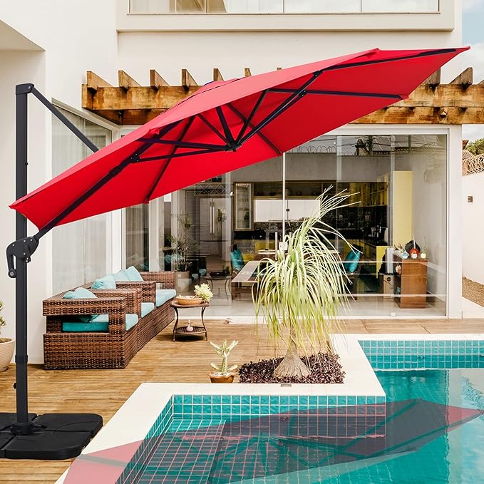 Sunnyglade 11Ft Cantilever Patio Umbrella Deluxe Offset Umbrella 360°Rotation & Integrated Tilting System Heavy Duty Patio Hanging Umbrella for Market Garden Deck Pool Backyard Patio (Red, 11 ft)
