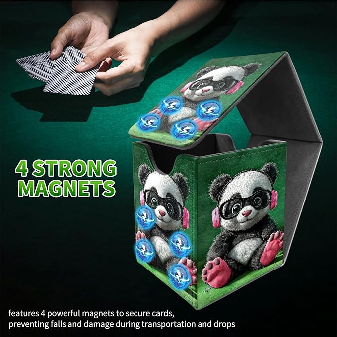 Pink Headphones Panda Card Deck Box for MTG, Personalized Card Storage Case Fits 120+ Sleeved Cards, Premium Leather TCG Box with Strong Magnetic Closure for Magic, PTCG, Baseball Cards