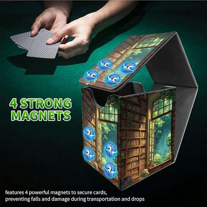 Library Window Card Deck Box for MTG, Personalized Card Storage Case Fits 120+ Sleeved Cards, Premium Leather TCG Box with Strong Magnetic Closure for Magic, CCG, PTCG, Baseball Cards