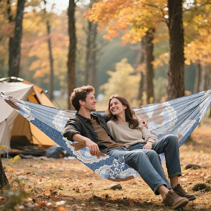 Denim Blue-Brown Bow Heart 330lb Capacity Outdoor Hammocks with Hanging Rope Hanging Hammock for Outside Patio Backyard Poolside capas para la Lluvia