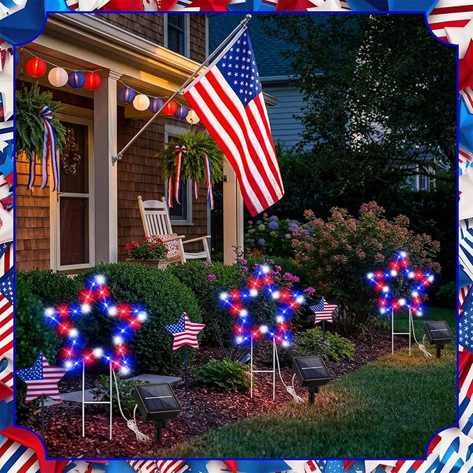Retisee 3 Pcs 250th Anniversary 4th of July Solar Lights, 12.7 Inch Patriotic Red White Blue LED Yard Stakes, Solar Powered Garden Lawn Pathway Decor for Memorial Display, 6–8 Hour Runtime