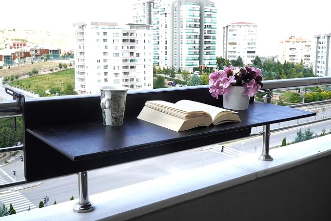 Balcony Bar Table for Railings, Outdoor Folding Deck Rail Table for Patio, Balcony Hanging Desk for Many Railings Compatible, Wooden Bar Serving Table for Porch (Black, 2XL: 59 x 11.8 inches)