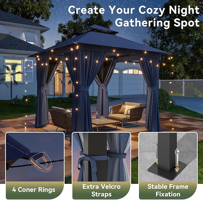 8'x8' Gazebo, Outdoor Gazebo Metal Frame Canopy with Double Roofs, Heavy Duty Patio Tent Shelter with Mosquito Netting and Privacy Screen for Backyard, Blue