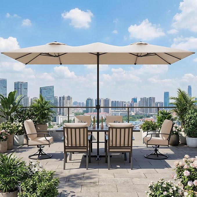 8 PCS Outdoor Patio Dining Set with 13.6ft Double-Sided Patio Umbrella,Patio Table and Chairs Metal Outdoor Patio Furniture Set,Dining Table Set with Swivel Chairs,Brown