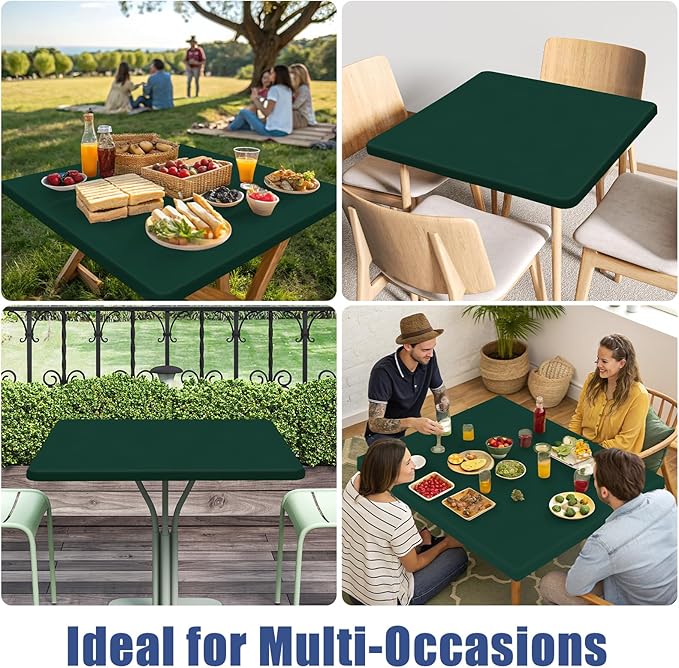 Moosfor Spandex Picnic Table Cloth 2 Pack, Elastic Fitted Tablecloths for Square Tables, Stretch Washable Patio Table Cover for Outdoor, Camping, Banquet and Parties (Hunter Green, 34"x34")