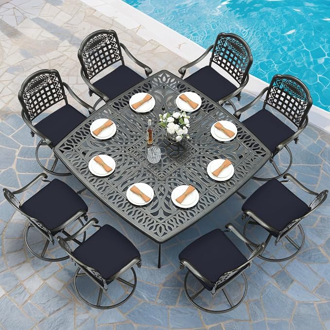MEETWARM 9-Piece Outdoor Patio Dining Set, All Weather Cast Aluminum Patio Funiture Table and Chairs Set- Large 64" Square Table and 8 Cushioned Swivel Rocker Chairs, Umbrella Hole, Navy Blue