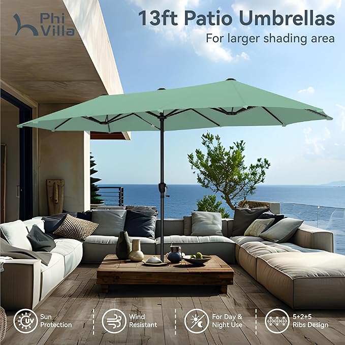 PHI VILLA 13ft Large Patio Umbrellas, Double-Sided Outdoor Market Rectangle Umbrella for Outside, Mint Green