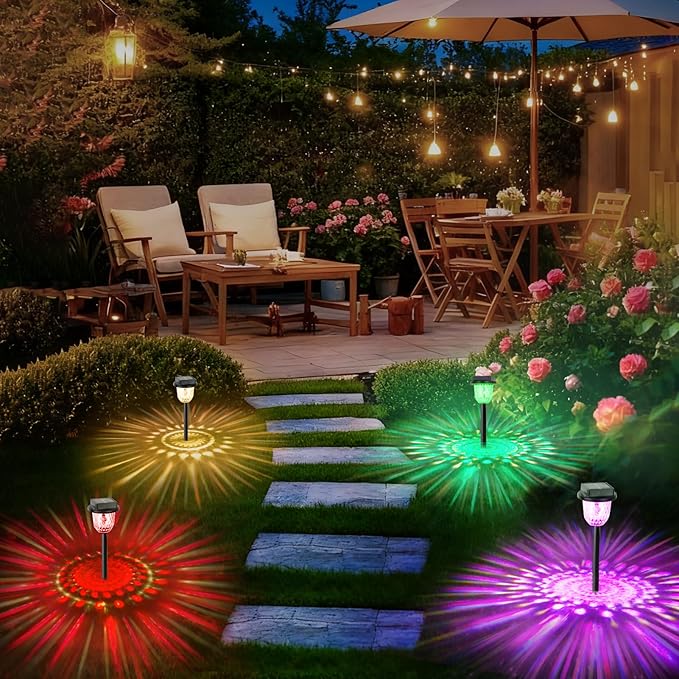 echosari 6 Pack Color Changing Solar Lights Outdoor Pathway, Dynamic Pattern Multicolor & Warm White Waterproof Solar Garden Lights Path Lights for Landscape Driveway Walkway Lawn