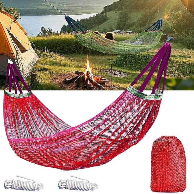 Camping Hammock Nylon Mesh Portable Hanging Bed Outdoor Hammock for Adults 440lbs Capacity, Anti-Roll Breathable Hammocks for Hiking Travel Beach Garden Backpacking(Red)