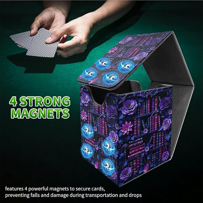 Purple Flower Books Card Deck Box for MTG, Personalized Card Storage Case Fits 120+ Sleeved Cards, Premium Leather TCG Box with Strong Magnetic Closure for Magic, CCG, PTCG, Baseball Cards