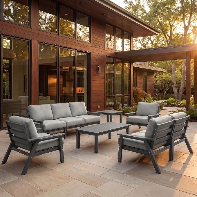 AreShark 3-Piece HDPE Patio Conversation Set, All Weather Outdoor Couch Set with Thick Cushions, Outdoor Sectional Outdoor Sofa Set for Lawn, Deck, Backyard, Grey & Grey